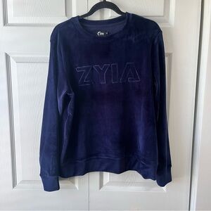 Zyia Active Womens Velour Velvet logo Pullover Sweatshirt Large Blue Spell Out